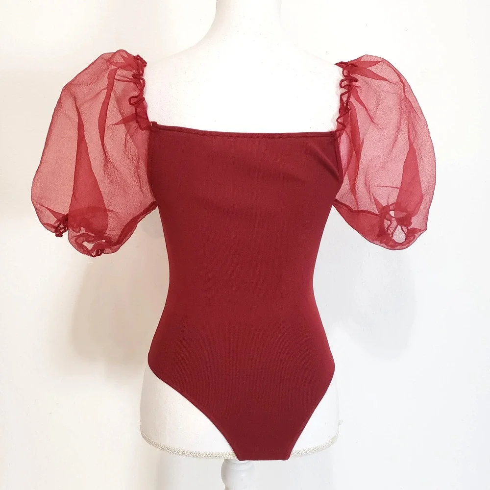 NEW!! ASTR The Label SIZE S Red Puff Sleeve Bodysuit Women Wine AT15988 Holiday